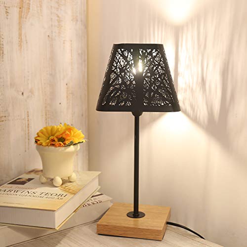 OYGROUP Lámpara de mesa con base de madera, barra de metal negro y luz de pantalla hueca para dormitorios, oficina, sala de niñas, decoración SIN BOMBILLA, E14, cuadrado