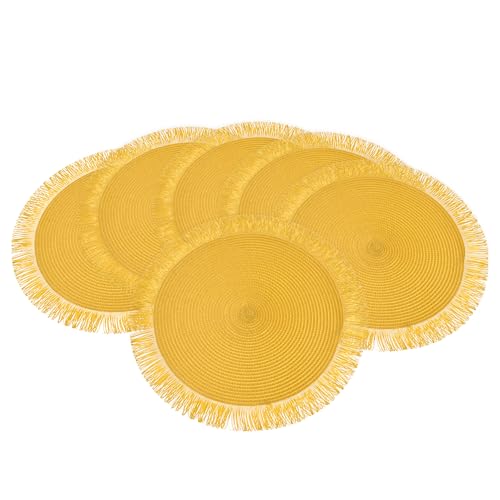 Baroni Home Set de 6 Manteles Individuales Redondos de Paja Sintética Colorida, Manteles para Plato, Mantel Americano para Desayuno, Diámetro 38 cm, Amarillo