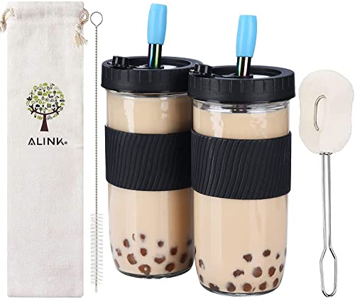 ALINK 2er Set Trinkgläser mit Deckel und Strohhalm, 730ML Bubble Tea Becher Set, Wiederverwendbare Einmachglas Trinkbecher, Mason Jar Glas für Getränke, Smoothie Gläser, Cocktailglas Tasse