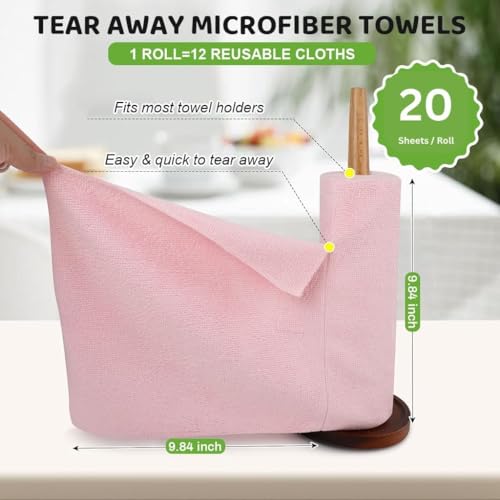 Image of DOCAT Microfiber Cleaning Cloth Roll 25x25 cm, Reusable and Washable Tear-Away Kitchen Towel Roll, Very Soft Cleaning Cloths for Home, Kitchen, Office, Electronics, Car Cleaning (Pink, 20 Pack)