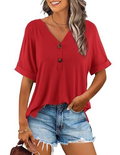 Beluring Damen Bluse Elegant Kurzarm Oberteile Sommer Einfarbig Bequem T-Shirts Rot XXL