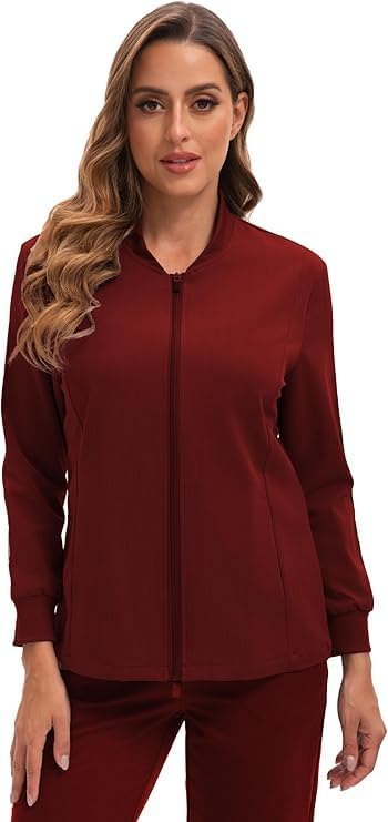 Scrub Jacket for Women, Zip Front Warm-up Uniform Coat with 4 Pockets, Ultra Soft and Durable