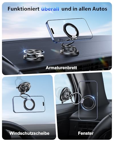 Glangeh Ganzmetall Ultradünne handyhalterung Auto Magnet, [95 LBS starker Vakuum- und Gel-Saugnapf] autohalterung magsafe mit Metallring, 360° verstellbar kfz Armaturenbretterzubehör für Alle Handys