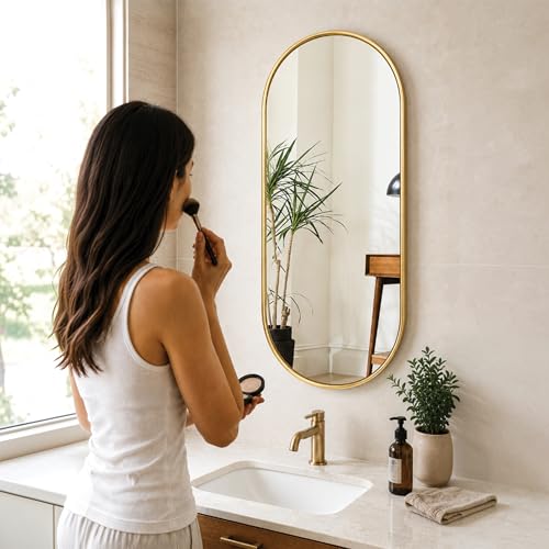 Image of Black Arched Wall Mirror With Frame, Modern Metal Frame Vanity Mirror for Bathroom, Bedroom, Entryway & Living Room, Vertical Wall Mounted Decorative Mirror with Clarity Glass (Size, 15x31 Inch)