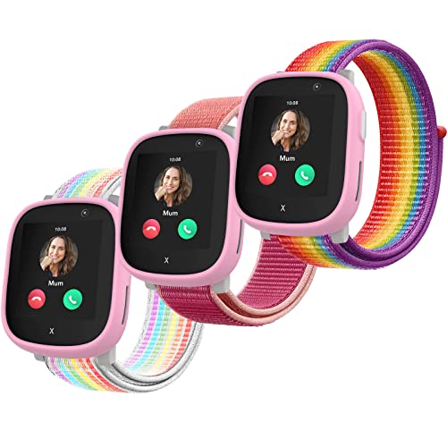 Polyjoy 3 Stück Kinder Nylon Armbänder kompatibel mit Xplora X6 Armband Kids Smartwatch Mädchen Jungen Weich Verstellbare Ersatzbänder für Xplora X6 Play/Pro/Gen 2/Anio 6-Regenbogen+Rose+Neon