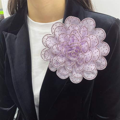 Image of Rhinestone Camellia Flower Big Brooch Lapel Pins for Women Fashion Crystal Fabric Floral Brooches Pin for Dresses Suit Accessories Jewelry Boutonniere Corsage Wedding Party 140mm