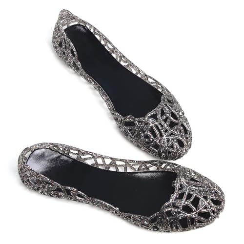 Image of Stunner Women Beach Jelly Shoes Slip On Crystal Summer Hollow Ballet Flats | Summer Cool PVC Breathable Outdoor Indoor Dressy Flat Sandals for Holiday Shopping Spa Swimming Pool