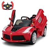 DIKEP Licensed Ferrari 12V Kids Electric Ride On Car with Parent Remote Control, Powered Ride On Toy Vehicle, Openable Hydraulic Doors, 2 Speeds, Leather Seat, Spring Suspension, LED Lights, MP3, Red