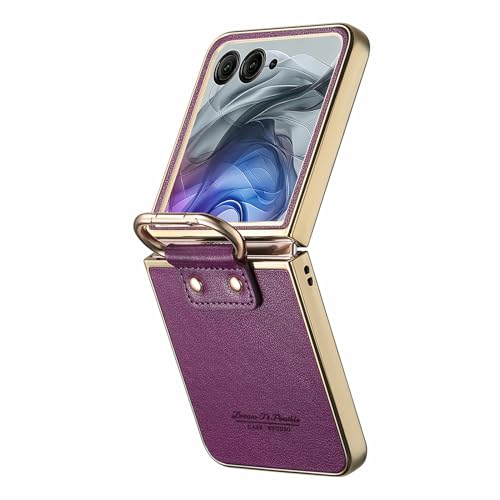 Image of for Motorola Razr 50 Ultra 5G Case Electroplating Leather Coated PC Phone Cover with Spring Ring Buckle Kickstand - Purple