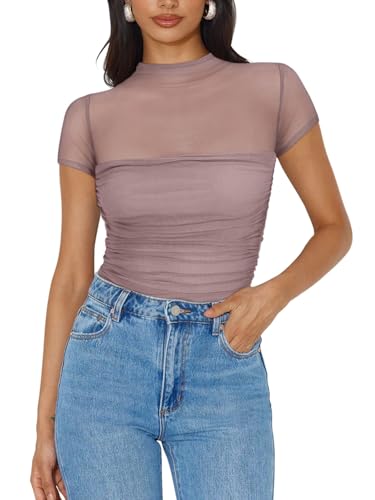 Image of REORIA Women's Sexy Mock Turtle Neck Short Sleeve Shirts Sheer Mesh Ruched Trendy Going Out Bodysuits Tops