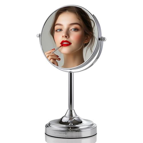 Image of OVENTE 7 inch Tabletop Magnifying Makeup Mirror, Polished Chrome MNLCT70CH1X7X | Double Sided Vanity Standing Mount Mirror with 1X /7X Magnification, 360 Rotation, Perfect for Dresser Bedroom Office Desk