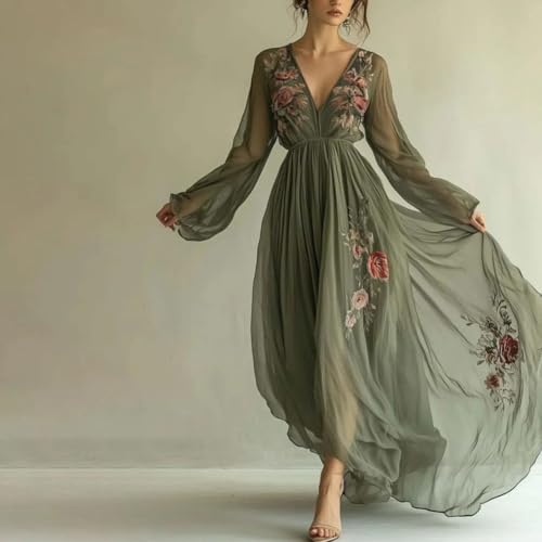 Women's V-Neck Long-Sleeved Dress A-Line Flowing Floral Print Maxi Dress, Casual, Fashionable and Elegant3