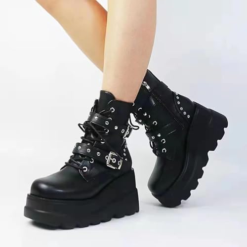 Platform Goth Ankle Boots for Womem Black Holographic Combat Chunky Heel Boots Side Zip Lace Up Wedge Combat Ankle Boots2