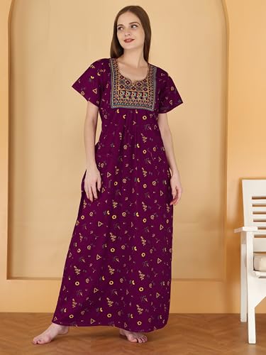 Image of DIAMO Pure Cotton Embroidery Nighty for Women, Cotton Night Gown, Night Maxi Gown, Cotton Nighty with a Pocket and Adjustable Knot