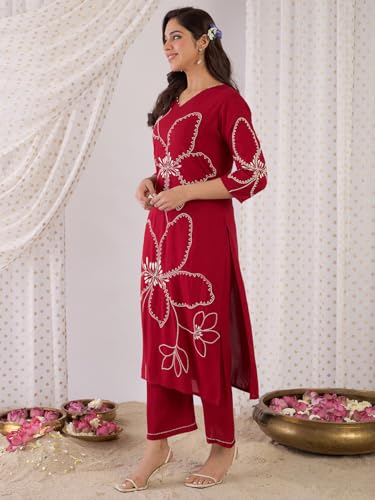 Image of INDO ERA Women's Straight Viscose Rayon Floral Embroidered Kurta & Palazzo Set (IESTR9981)