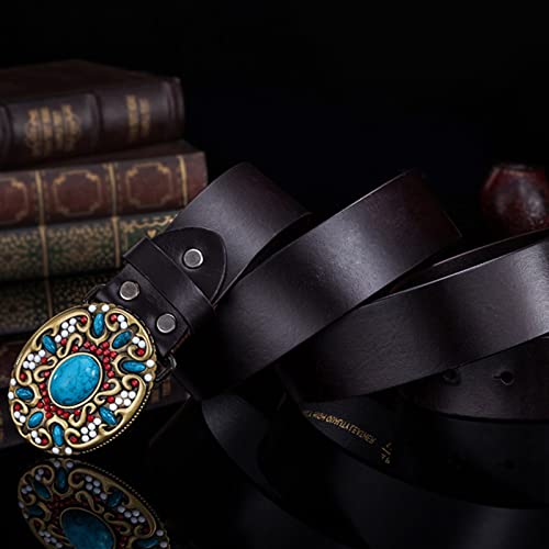 Leather Belt Belt for Women Men Engraved Western Floral Buckle Inlaid Amber Turquoise & Coral Stones Metal Screw Button Waistband (120cm/waist:40"~42" Coffee)4