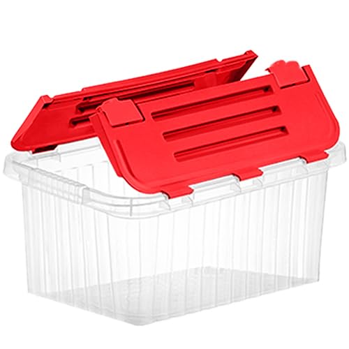 Superio Christmas Storage Box with Red Hinged Lids, Plastic Container Bins for Organizing with Attached Lid, Stackable Crates, BPA Free, Organizers for Home, Office, and Dorm (20.25x14x10.5)