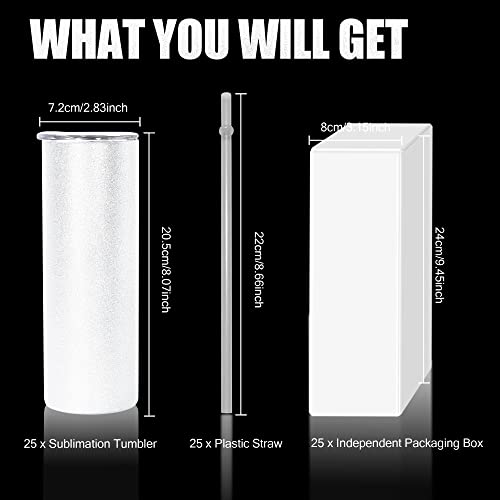 Sweet Grain Glitter Sublimation Tumblers 20Oz Skinny Straight(25Pack) - Insulated Stainless Steel Sublimation Tumblers Blanks With Lid, Straw & Individually Box - Glitter White #TOP6