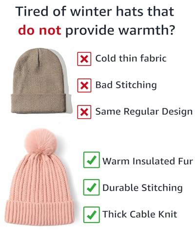Image of Nollia Women's Pom Pom Knit Winter Beanie for Cold Weather - Warm Fleece - Cable Knit