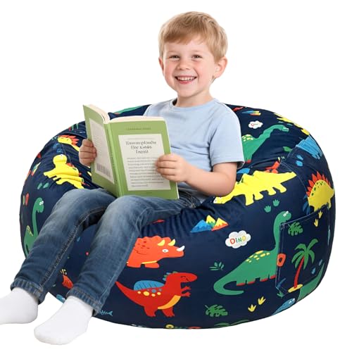 Lukeight Dinosaur Bean Bag Chair for Kids and Teens Memory Foam Filled Floor Lounger Washable Velvet Cover with Inner Liner Beanbag Chair with Filling for Gaming and Reading Large 27 D x 16 H