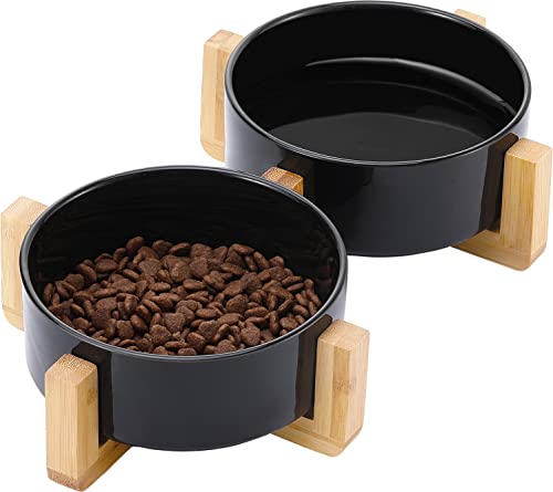 Pawaboo 5 Pouces Bol pour Animaux de Compagnie, Gamelles de Chiens en Céramique Idéales, 2 Bols de Nourriture Pratiques pour Chats avec Support de Bol en Bois Antidérapant, 450ml, Noir Cover