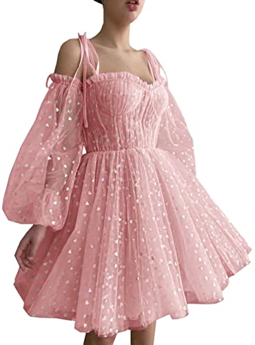 Maxianever Glitter Heart Tulle Homecoming Dresses for Teens Sweetheart Petite Prom Dresses Spaghetti Straps A Line