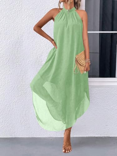 Image of Verdusa Women's Wedding Guest Dress Halter Flowy Chiffon Long Dresses | Cocktail Dress, Asymmetrical Dress for Women, Sleeveless, Prom Dress, Cruise Outfits, Boho