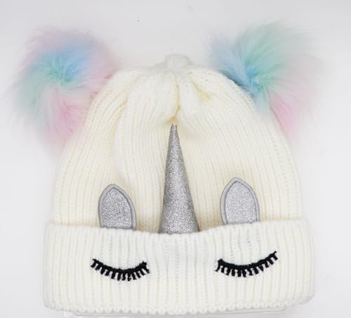 Kids Girls Toddlers Unicorn Winter Beanie Hat Flower Warm Knitted Ear Cap with Gold Horn3