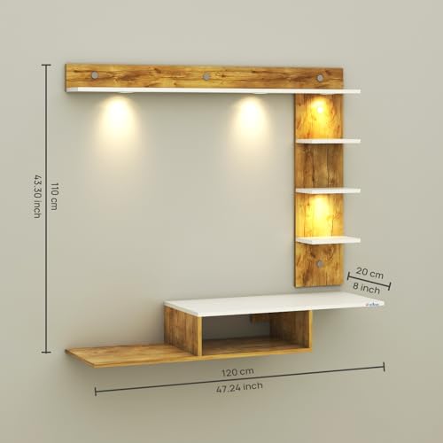 Image of Anikaa Wintor Engineered Wood Wall Mounted TV Unit with 4 LED Lights, 3 Open Shelves,1 Storage Box & Decorative Display Shelf for Living Room | Ideal for Upto 43 Inch TV- Gaintwood /White(DIY Assembly)