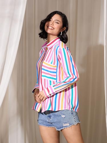 Image of barcino Pink Multi Stripes Pocket Detail Oversized Shirt