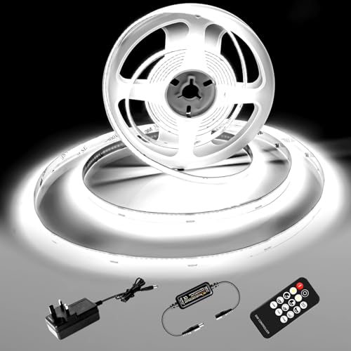 luktix COB LED Strip 5M,6000K Cool White LED Strips, 24V Dimmable LED Strip Lights, CRI92+,8mm Width, with Remote Control and UKCA Power Supply,for Home Decoration, Kitchen, Mirror
