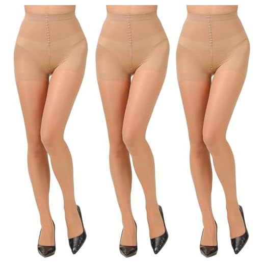 Paralinda 3 Pairs Women's 20D Pantyhose with Control Top and Reinforced Toes (Nude, L)