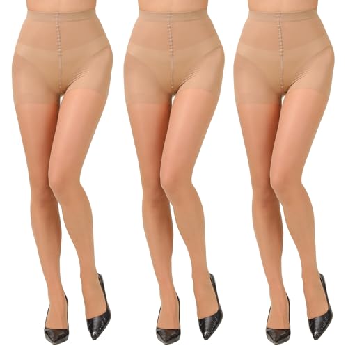 Paralinda 3 Pairs Women's 20D Pantyhose with Control Top and Reinforced Toes (Nude, M)