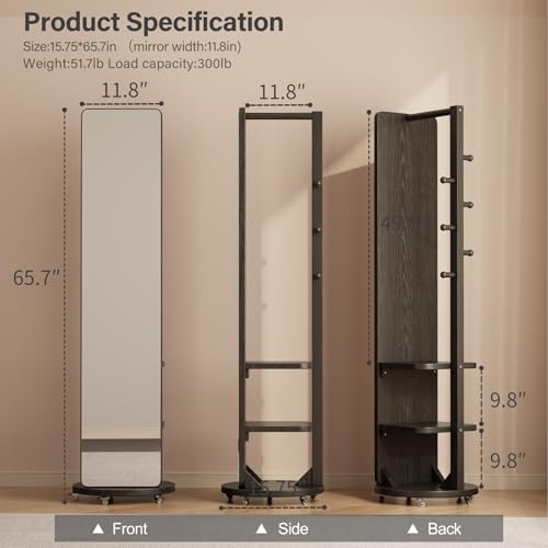 Image of WoodsWhisper Full Length Mirror Coat Rack Solid Wood Floor Mirror 66 inchx12 inch Full Length Mirror with Stand Long Mirrors for Bedroom,Living Room (Black-Mobile, 66 inch Lx12 W)