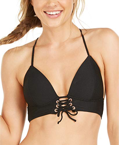 Hula Honey Top de biquíni push-up com cadarço e nervuras, Preto, M