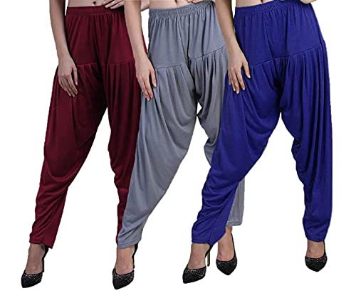 Image of Casuals Women's Regular Fit Viscose Drawstring Patiala Harem Pants Combo Pack 3 (Maroon :: SteelGrey :: Royal Blue,XL)