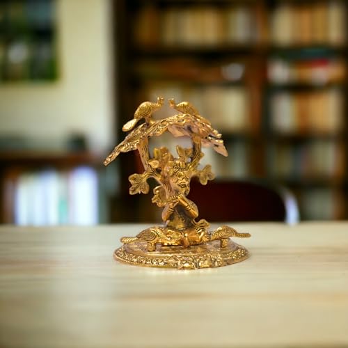 Image of KridayKraft Shri Krishna Sitting Under Tree Laddu Gopal with Playing Flute Metal Statue Showpiece Figurines,Religious Idol Gift Article.
