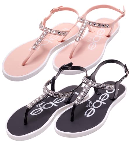 bebe Girls' Sandals - 2 Pack Open Toe Summer Flat Dress Thong T-Strap Sandals with Adjustable Ankle Strap and Cushioned Sole, Size 13 Little Kid, Blush/Black