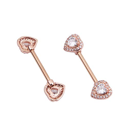 Kokoma 14G Love Heart Cubic Zirconia Nipple Rings Bar 316L Stainless Steel Tongue Ring Barbell Piercing Body Jewelry (Rose Gold) #TOP2