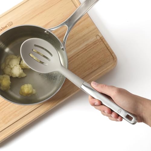 Image of Calphalon Prime Slotted Spoon Skimmer, Stainless Steel Slotted Spoon, Straining Spoon with Taupe Silicone Head, Heat-Resistant Nonstick-Safe Kitchen Tool