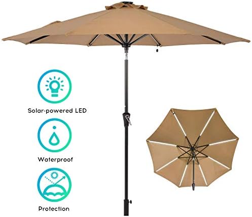 LCH 9ft Patio Umbrella Outdoor Table Umbrella with Push Button Tilt/Crank and LED Lights, 8 Sturdy Ribs,Beige with Light