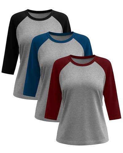 Huukeay 3 Pack Women's 3/4 Sleeve Raglan Shirts, Crew Neck Cotton Blend Casual Baseball Tops Color Block Basic Jersey Tees2