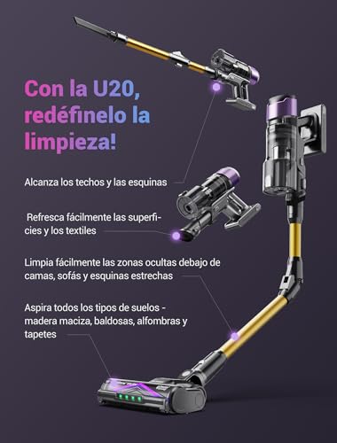 Ultenic U20 Aspiradora sin Cable 55Kpa/60Min, Cepillo Anti-Enredo Mejorado 2025, Aspirador Escoba con Brazo Flexible, Limpieza Ultraprofunda Bajo Muebles sin Agacharse