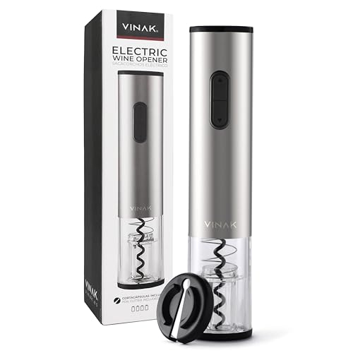 VINAK Sacacorchos eléctrico a pilas en acero inoxidable con cortacápsulas y espiral teflonada | Abridor eléctrico de diseño moderno | Abrebotellas sin esfuerzo | (A - Sacacorchos eléctrico)