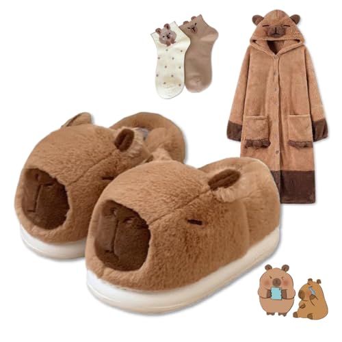 Cute Capybara House Slippers for Girls Boys - Fluffy Comfort Wear Indoor Shoes, Non Slip Chunky Sole Cotton Winter Slippers, Kawaii Cartoon Animal Christmas Gift Set with Wearable Blanket & Socks