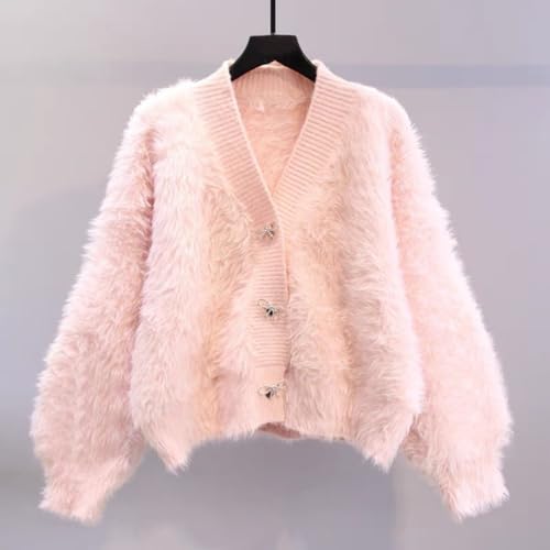 Womens Warm Fluffy Fur Cardigan Fuzzy Sweater Y2K Coat Solid Long Sleeve V Neck Rhinestone Bow Sweater4