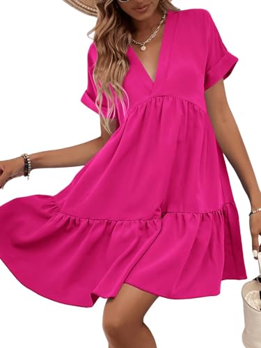 Image of WDIRARA Women's Roll Up Short Sleeve V Neck Ruffle Hem Solid Swing Smock Dress