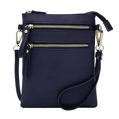 Solene Women's Faux Leather Organizer Multi Zipper Pockets Handbag With Detachable Wristlet Crossbody Bag-WU002(Navy)