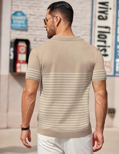 COOFANDY Men's Knit Polo Shirts Short Sleeve Striped Golf Polo Shirts Lightweight Casual Collared T Shirt3