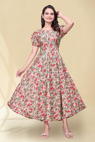 Image of Women's A-Line Crepe Maxi Dress | Stylish Fit and Flare Dress with Round Neck Short Puff Sleeves for Casual Wear